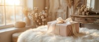 Elegant pink gift box with satin ribbon on fluffy white fur surface in a warm, sunlit boho interior with dried flowers.