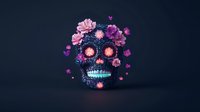 Glowing sugar skull decorated with pink and purple flowers on dark background, featuring illuminated eyes and ornate details for Day of the Dead celebration art.