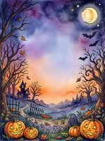 Halloween night scene with jack-o-lanterns, spooky trees, bats flying under crescent moon and starry twilight sky for seasonal decorations and autumn designs.