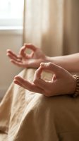 Close-up of hands in meditation pose with fingers forming mudra gesture during yoga or mindfulness practice indoors.
