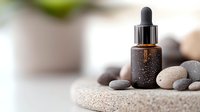 Dark glass dropper bottle with essential oil on zen stones against blurred spa background, wellness and aromatherapy concept for natural skincare.