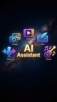 AI Assistant concept with multimedia icons on cosmic background showcasing artificial intelligence capabilities for digital applications and technology services.