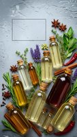 Essential oils in glass bottles with herbs and spices on textured background with blank frame for natural wellness and aromatherapy design concepts.