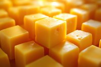 Fresh yellow cheese cubes arranged in rows creating geometric pattern with soft natural lighting and shallow depth of field, macro food photography for dairy products.
