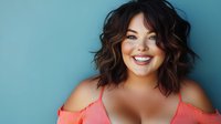 Confident plus size Asian woman with wavy brown hair and bright smile wearing coral cold-shoulder top against turquoise background, representing body positivity and diversity.