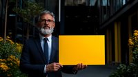 Senior Caucasian businessman with gray beard and glasses holding blank yellow sign outdoors near office building with yellow flowers in background.