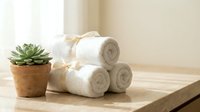 Spa wellness setup with rolled white towels and succulent plant on wooden surface creating relaxing bathroom or treatment room atmosphere.