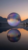 Iridescent sphere floating above calm lake at sunrise with mountain backdrop and mirror reflection on water surface.