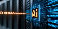 Glowing AI symbol on digital matrix background with orange light trail and blue circuit patterns, representing artificial intelligence and machine learning technology.