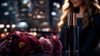 Elegant perfume bottle with burgundy and pink peonies against blurred feminine silhouette and bokeh lights background creates luxurious beauty atmosphere.