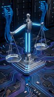 Digital justice scales on futuristic circuit board with glowing blue neon lights representing legal technology, cyber law, and artificial intelligence in jurisprudence.