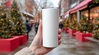 Hand holding white tumbler mockup against festive street background with decorated Christmas trees and holiday storefronts, perfect for seasonal product display.