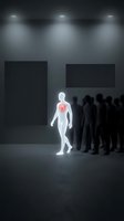 Glowing white human figure with red heart stands out from dark silhouettes in modern gallery space with dramatic lighting for leadership concepts.