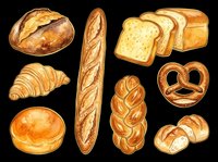 Assorted fresh baked bread loaves, croissants, baguette, pretzel and rolls isolated on transparent background. Ready for bakery designs, menus, t-shirts and print-on-demand products.