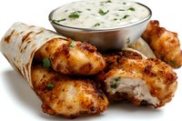 Grilled chicken tenders wrapped in tortilla served with creamy herb ranch dipping sauce, garnished with fresh parsley. Close up on white background.