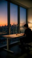 Man working at desk in high-rise office with panoramic city skyline view during sunset. Remote work, business productivity, and urban lifestyle concept for corporate design projects.