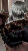 Professional hair coloring technique showing silver gray to brown ombre gradient on long wavy hair in modern salon setting for beauty treatments.