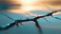 Dramatic macro shot of cracked surface with soft teal and golden sunset tones in background, creating abstract artistic composition with shallow depth of field.
