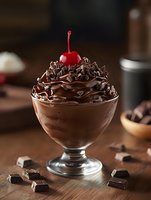 Decadent chocolate mousse topped with chocolate shavings and maraschino cherry in glass dessert bowl on wooden surface, rich dark brown color and smooth texture.