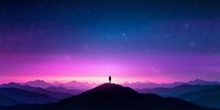 Silhouette of lone person standing on mountain peak against purple and blue starry sky, dramatic panoramic landscape with layered mountain ranges at dawn.