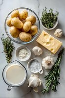 Fresh ingredients for potato gratin with yellow potatoes, cheese, herbs, garlic, cream, and seasonings on marble surface.