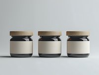 Three glass jars with cork lids and blank cream labels arranged in row on light background, mockup for product packaging design and branding presentation.
