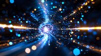 Glowing blue and gold light tunnel with bokeh particles creating dynamic motion effect. Abstract cosmic vortex background with radial blur and lens flare.