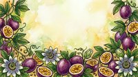 Passion fruit with white flowers and green leaves arranged on watercolor background, isolated design element for packaging, labels, textiles, and culinary marketing materials.