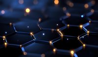 Glowing hexagonal molecular structure with golden and blue light connections on dark background, scientific concept for chemistry and nanotechnology research.