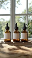 Three amber glass dropper bottles with blank white labels on wooden surface near window, natural sunlight casting shadows, wellness and aromatherapy concept.