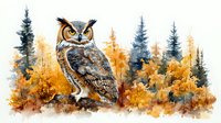 Great horned owl perched against autumn forest background with golden foliage and evergreen trees in watercolor style, wildlife art illustration.