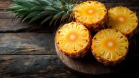 Fresh juicy pineapple rings on rustic wooden cutting board with dark moody background and copy space. Natural tropical fruit slices.