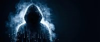 Anonymous hacker in hooded sweatshirt surrounded by digital code and smoke effects on dark background for cybersecurity and data protection concepts.