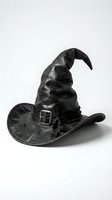 Black leather witch hat with buckle isolated on white background for Halloween costume and magical themed designs.