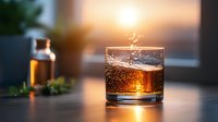 Glass of whiskey with splashing liquid and ice cubes against sunset window background, golden hour lighting creates warm amber glow through spirits.