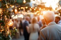 Senior man in gray suit watching wedding celebration with string lights and bokeh creating romantic atmosphere at outdoor evening reception party. Blurred newlyweds in background.