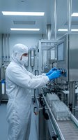Pharmaceutical technician in protective suit operating sterile manufacturing equipment in modern cleanroom facility for drug production and quality control.
