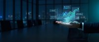 Businessman hand presenting holographic financial charts and graphs in modern data center with servers for business analytics and investment planning.