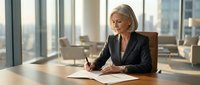 Professional mature Caucasian businesswoman in black suit signing documents at modern office desk with city view through large windows during golden hour.