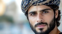 Middle Eastern man wearing traditional patterned turban headwear and beard looking confidently at camera with gentle smile against blurred background.