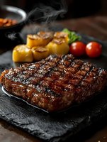 Grilled beef steak with roasted potatoes and cherry tomatoes on slate plate with steam rising from hot meal on wooden table for restaurant menu.