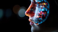 Glowing profile silhouette with digital particle effects in neon blue and red colors against dark background, futuristic technology concept for AI and digital identity.