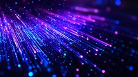 Glowing blue and purple light rays burst through dark space creating dynamic motion effect with bokeh particles and bright streaks for technology backgrounds.