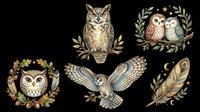 Owl illustrations set with isolated birds on transparent background, ready for t-shirt design, clipart, stickers, sublimation and print-on-demand projects.