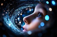 Close up profile view of young woman with long eyelashes gazing upward surrounded by magical glowing blue bokeh lights and sparkles creating dreamy atmosphere.