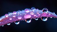 Vibrant pink leaf covered in morning dew drops creates magical macro photography effect with water reflections and refractions against dark background.