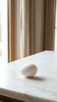 Single white egg on marble surface near window with natural light and beige curtains creating minimalist kitchen or dining room atmosphere.