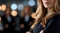 Confident businesswoman with blonde hair at corporate event, blurred figures and bokeh lights in background creating professional atmosphere.