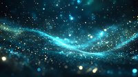 Glowing turquoise wave of particles and light effects on dark background with bokeh and sparkles creates magical cosmic atmosphere for abstract designs.