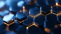 Glowing molecular structure with hexagonal shapes in dark blue and gold colors creates futuristic scientific background with depth of field effect.
